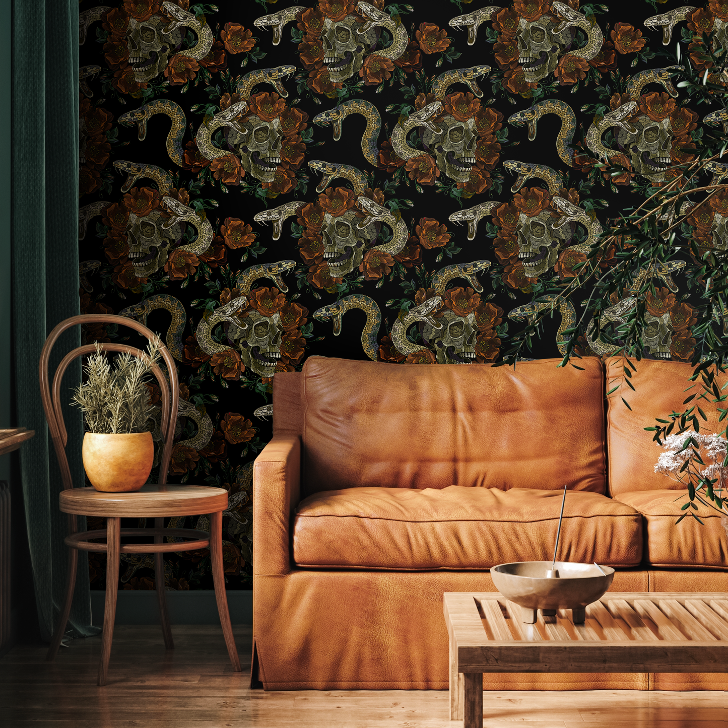 Dark Floral Wallpaper Snake and Skulls Wallpaper Peel and Stick and Traditional Wallpaper - D901
