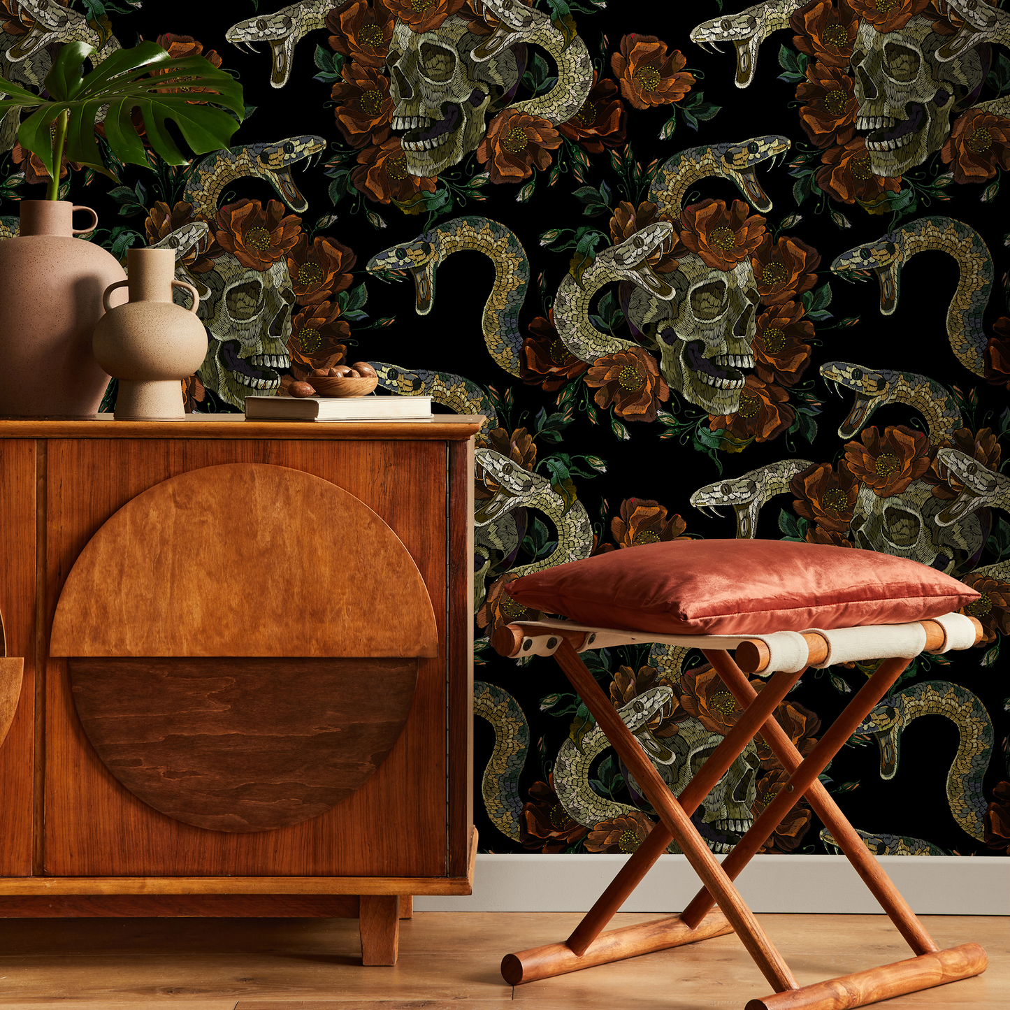 Dark Floral Wallpaper Snake and Skulls Wallpaper Peel and Stick and Traditional Wallpaper - D901