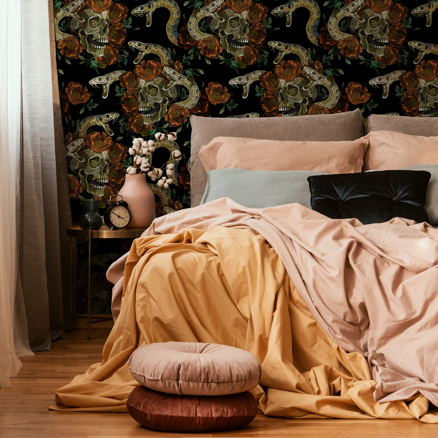 Dark Floral Wallpaper Snake and Skulls Wallpaper Peel and Stick and Traditional Wallpaper - D901