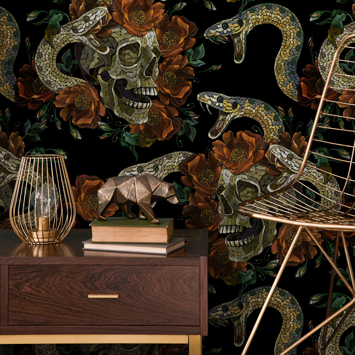 Dark Floral Wallpaper Snake and Skulls Wallpaper Peel and Stick and Traditional Wallpaper - D901