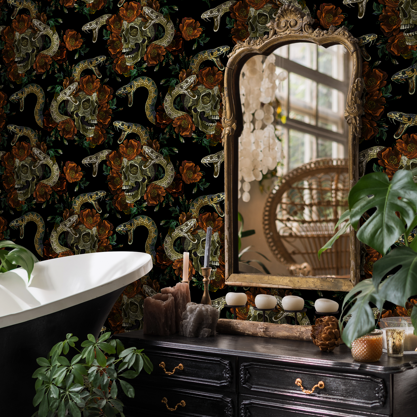 Dark Floral Wallpaper Snake and Skulls Wallpaper Peel and Stick and Traditional Wallpaper - D901