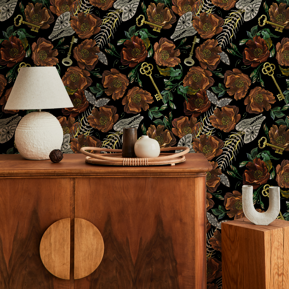 Whimsical Floral Wallpaper Fish Skeleton Wallpaper Peel and Stick and Traditional Wallpaper - D919 - ONDECOR.COM