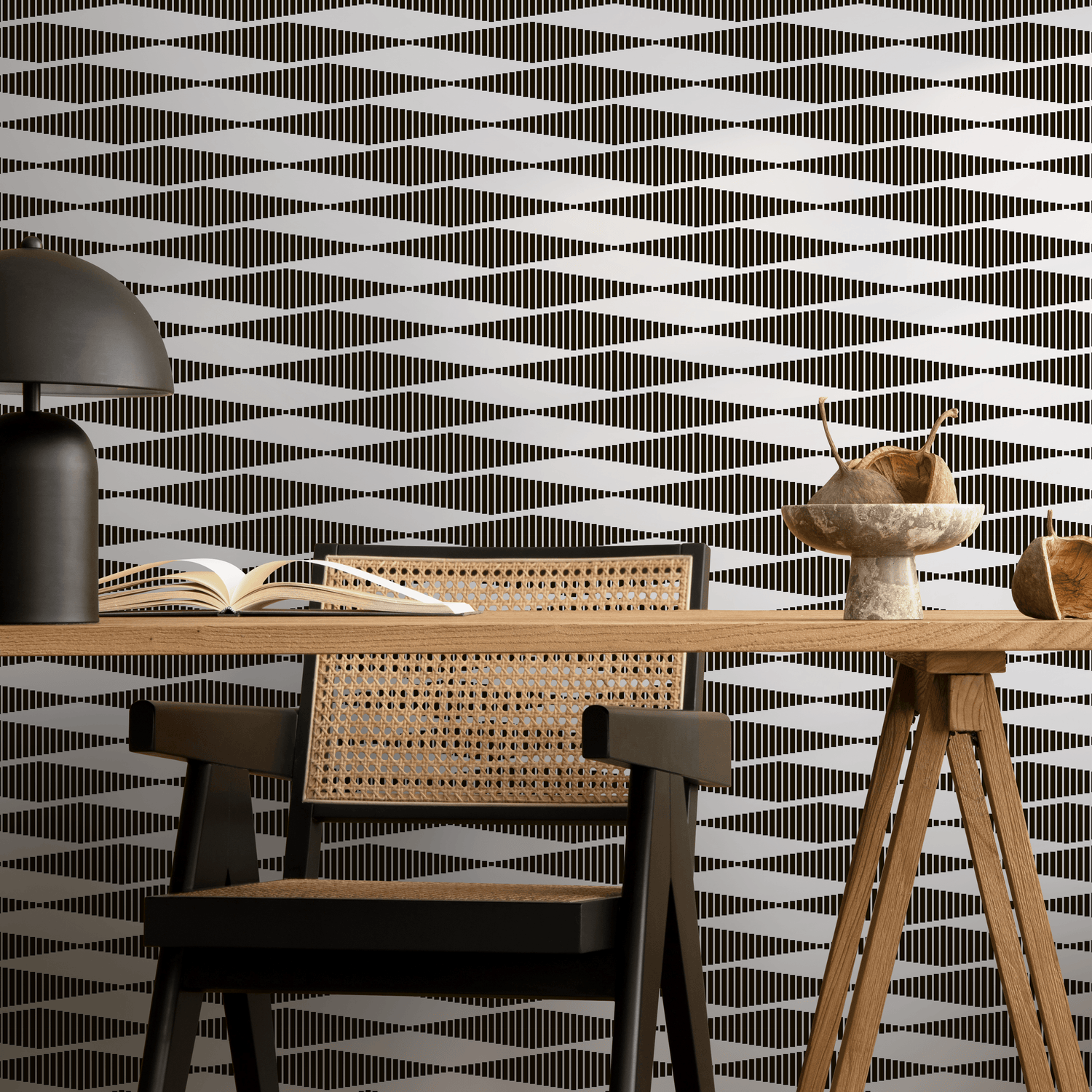 Geometric Wallpaper with an Optical Wave Motif in Black and Light Gray - D943