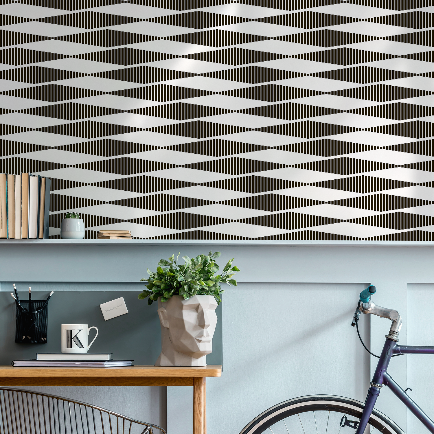 Geometric Wallpaper with an Optical Wave Motif in Black and Light Gray - D943