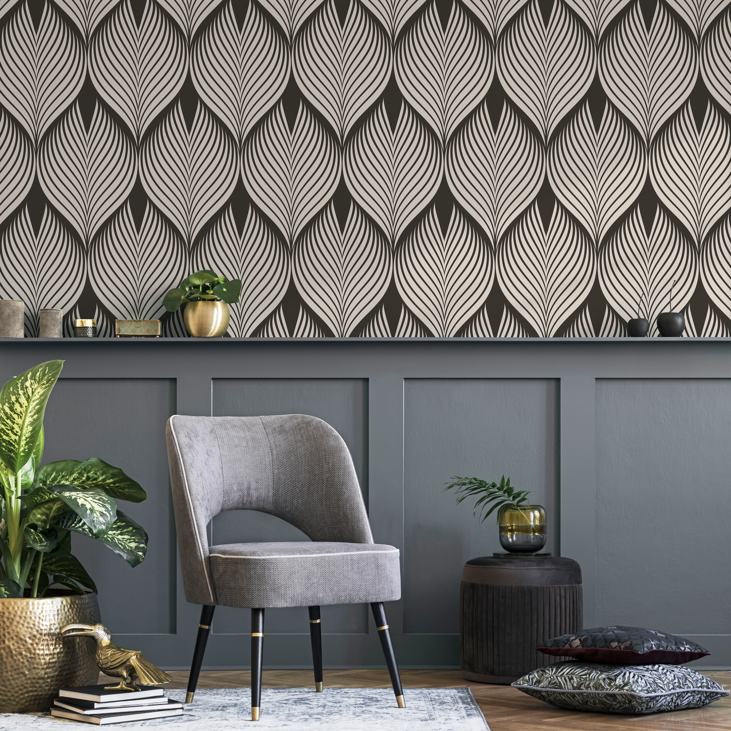 Art Deco Wallpaper with a Flowing Leaf Motif in Brown and Beige - D960