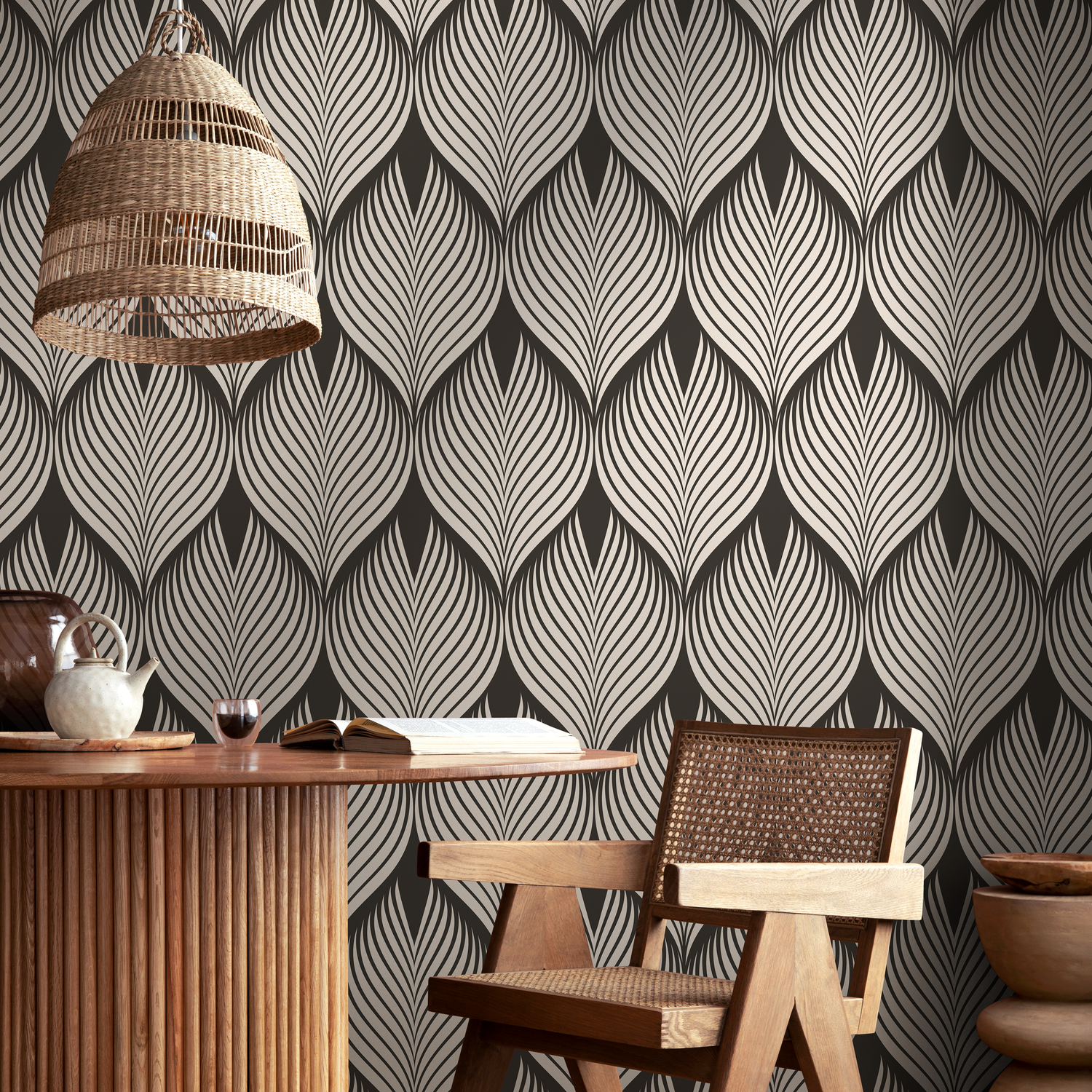 Art Deco Wallpaper with a Flowing Leaf Motif in Brown and Beige - D960