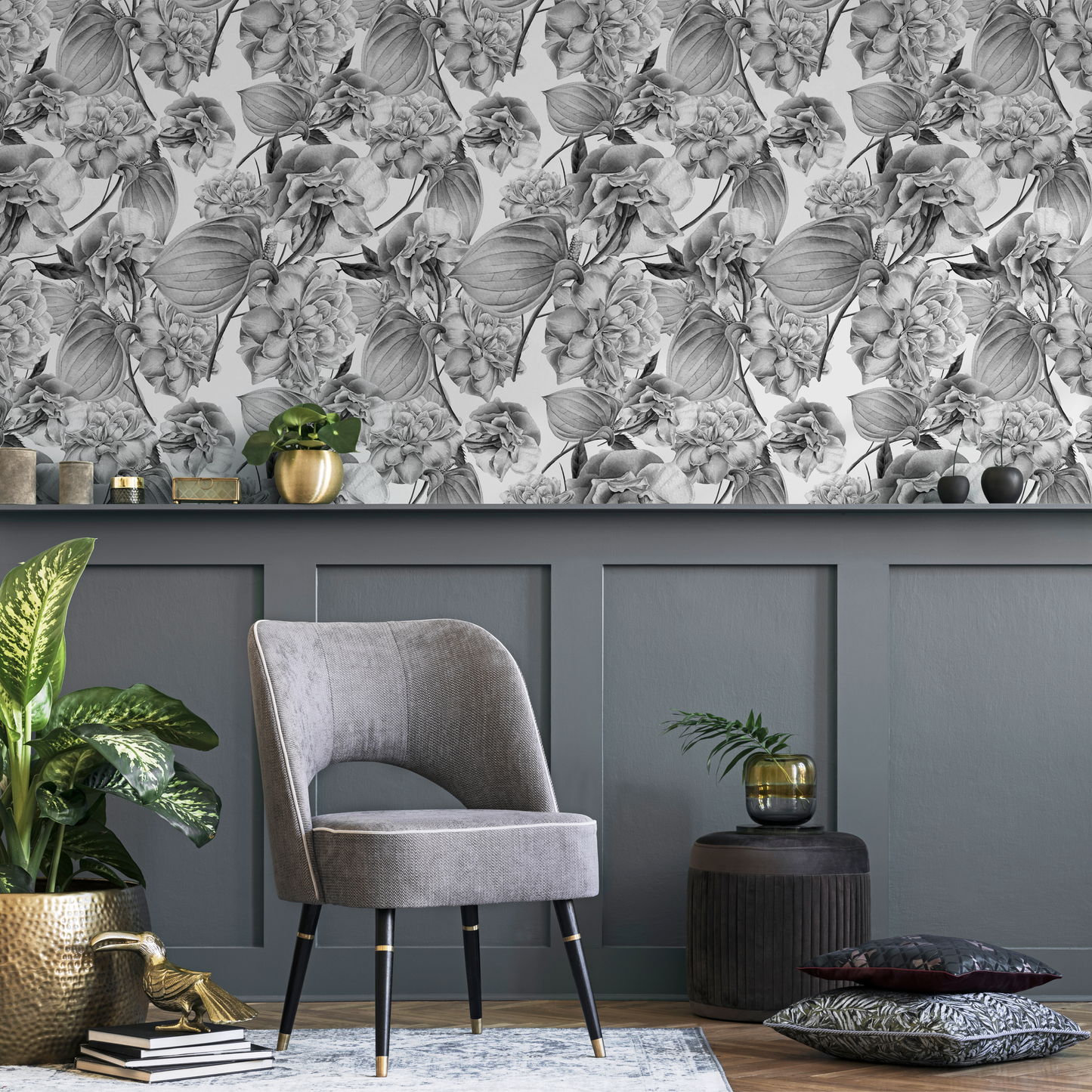 Papier peint amovible, papier peint autocollant, papier peint mural - Papier peint tropical en niveaux de gris - D973