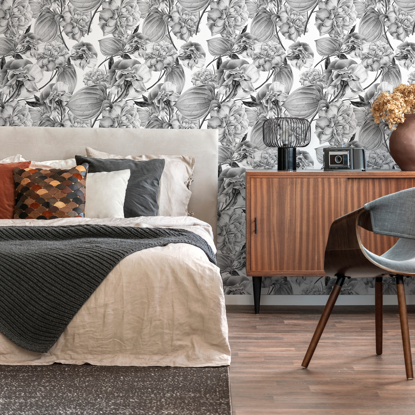 Papier peint amovible, papier peint autocollant, papier peint mural - Papier peint tropical en niveaux de gris - D973