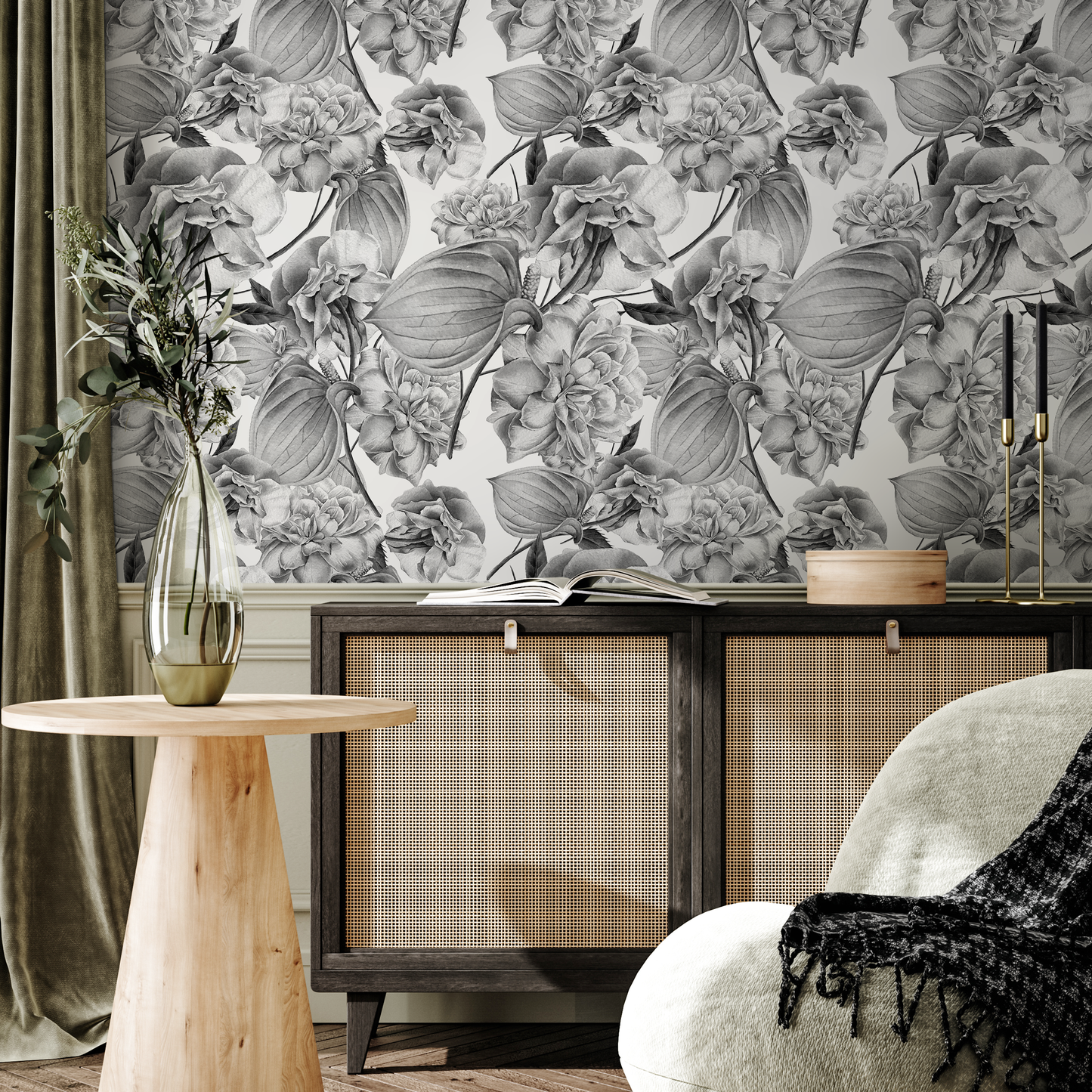 Papier peint amovible, papier peint autocollant, papier peint mural - Papier peint tropical en niveaux de gris - D973