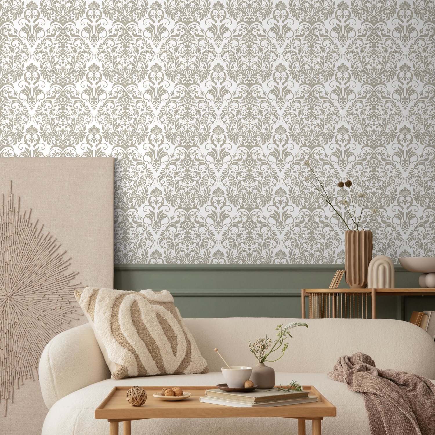 Damask Wallpaper with a Classic Victorian Motif in Neutral Beige - D976