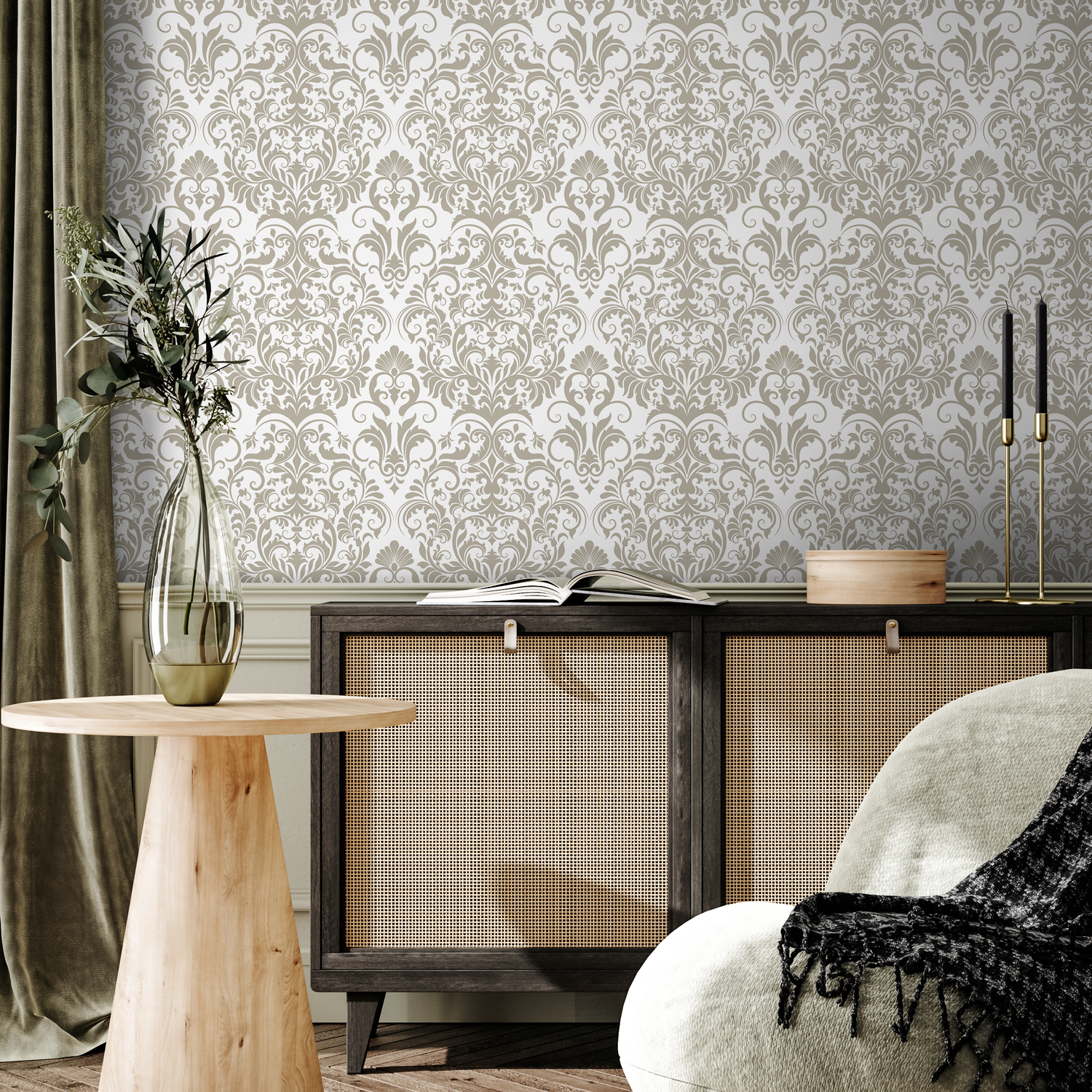 Damask Wallpaper with a Classic Victorian Motif in Neutral Beige - D976