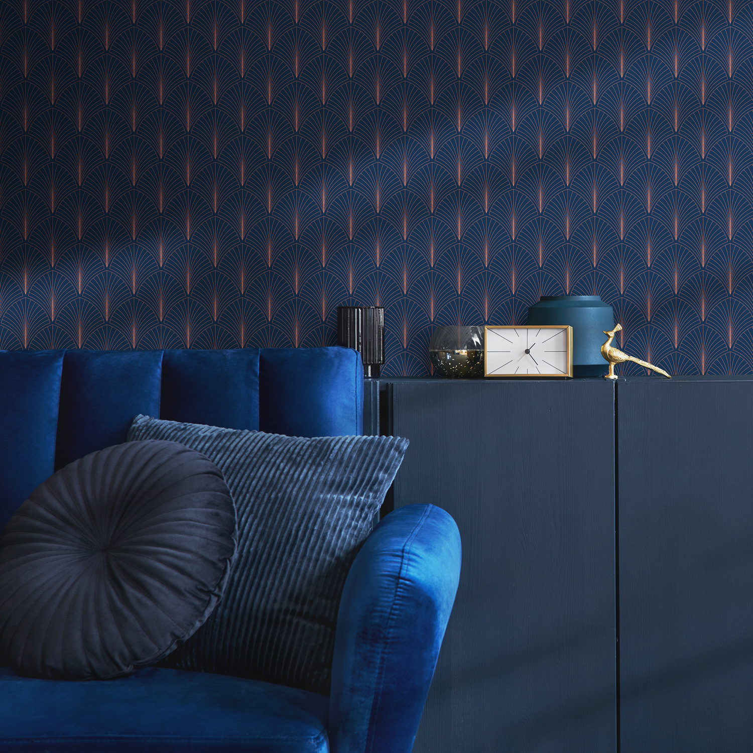 Art Deco Wallpaper with a Geometric Fan Motif in Navy Blue and Gold - D978