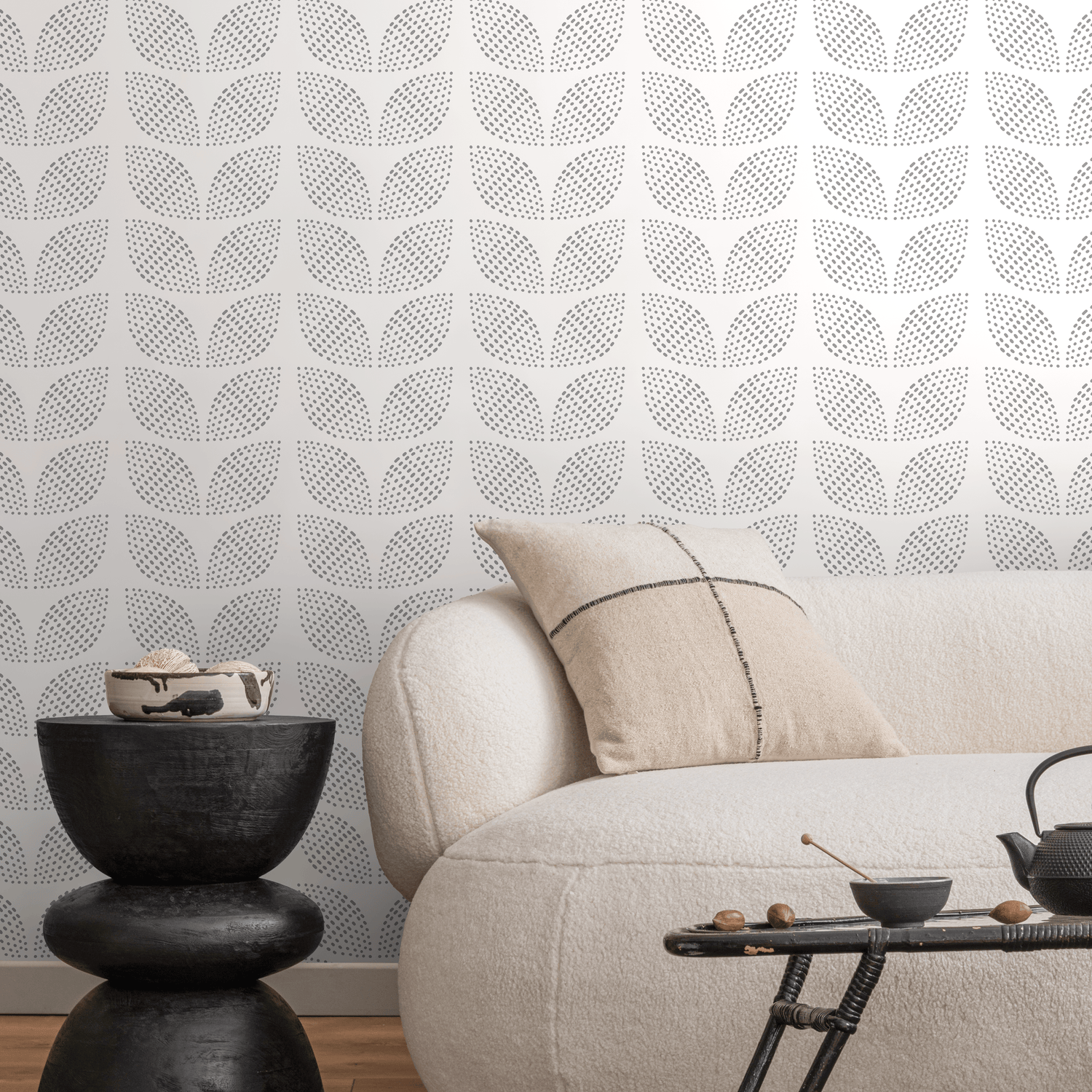 Scandinavian Wallpaper with Dotted Leaf Motifs in Gray - D983