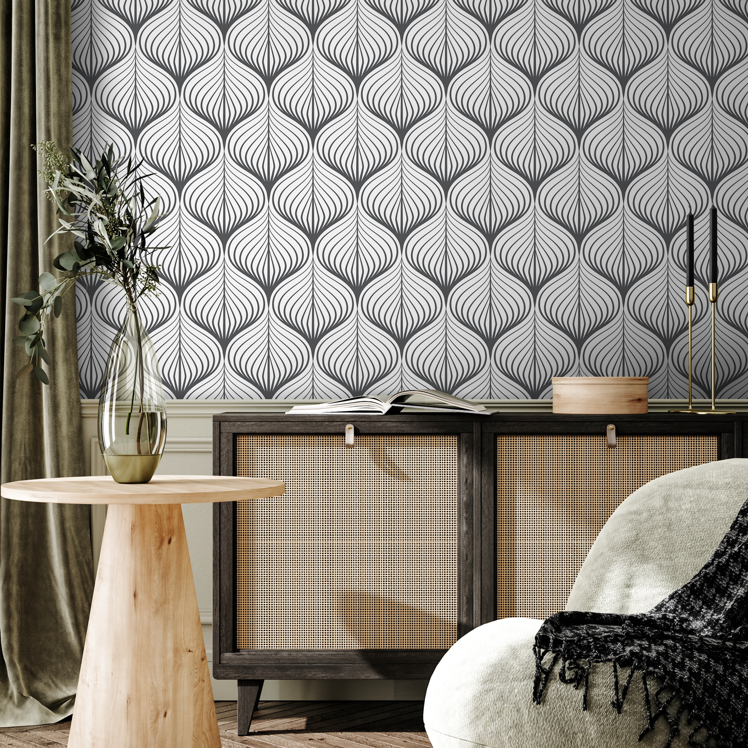 Art Deco Wallpaper with Rhythmic Curving Lines in Gray - D985