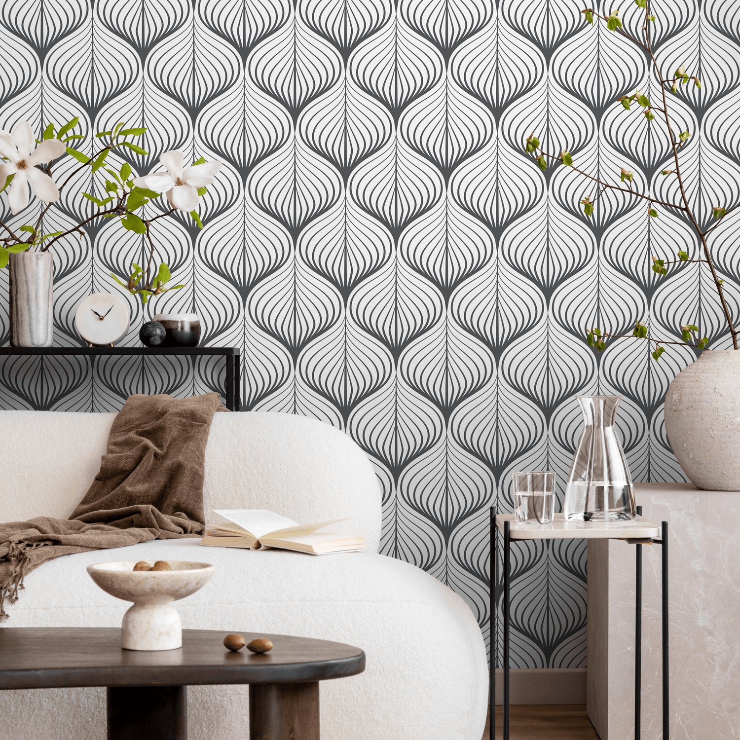 Art Deco Wallpaper with Rhythmic Curving Lines in Gray - D985