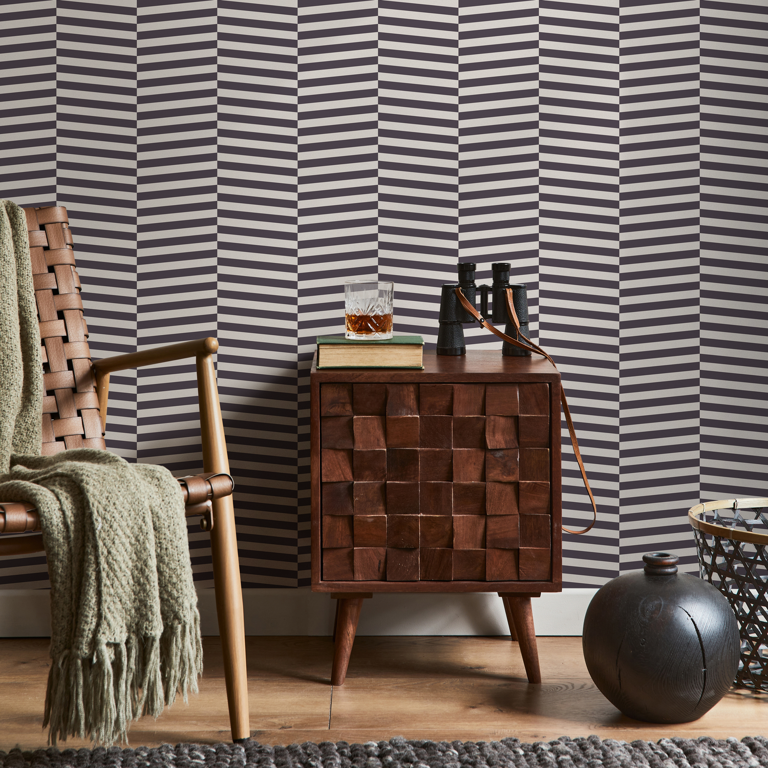 Geometric Wallpaper with an Optical Shifting Stripe Motif in Dark Gray and Beige - D996