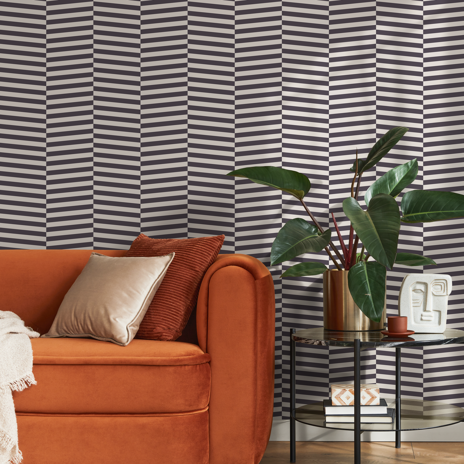Geometric Wallpaper with an Optical Shifting Stripe Motif in Dark Gray and Beige - D996