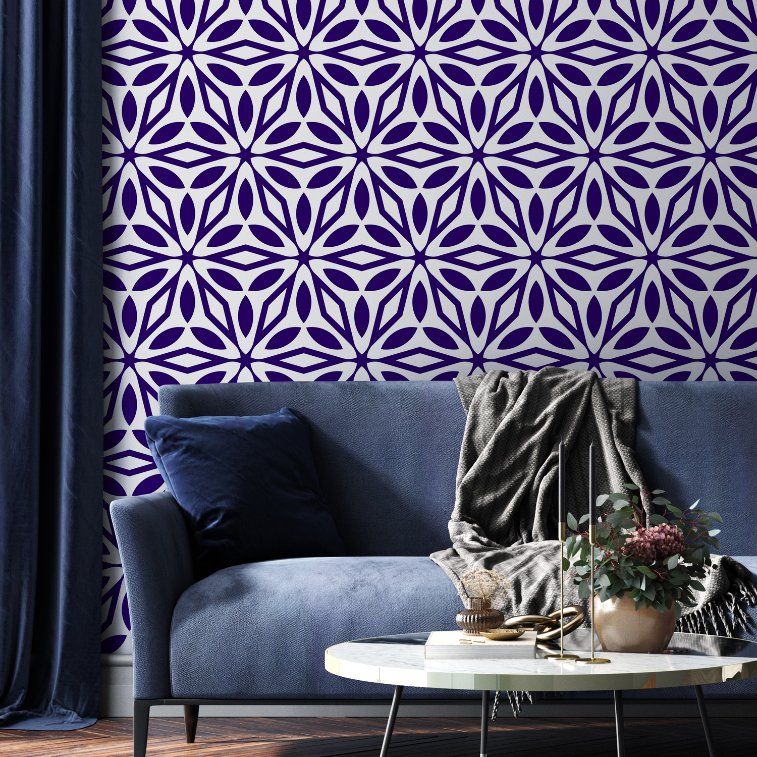 Geometric Wallpaper with a Repeating Starburst Motif in Purple - D999