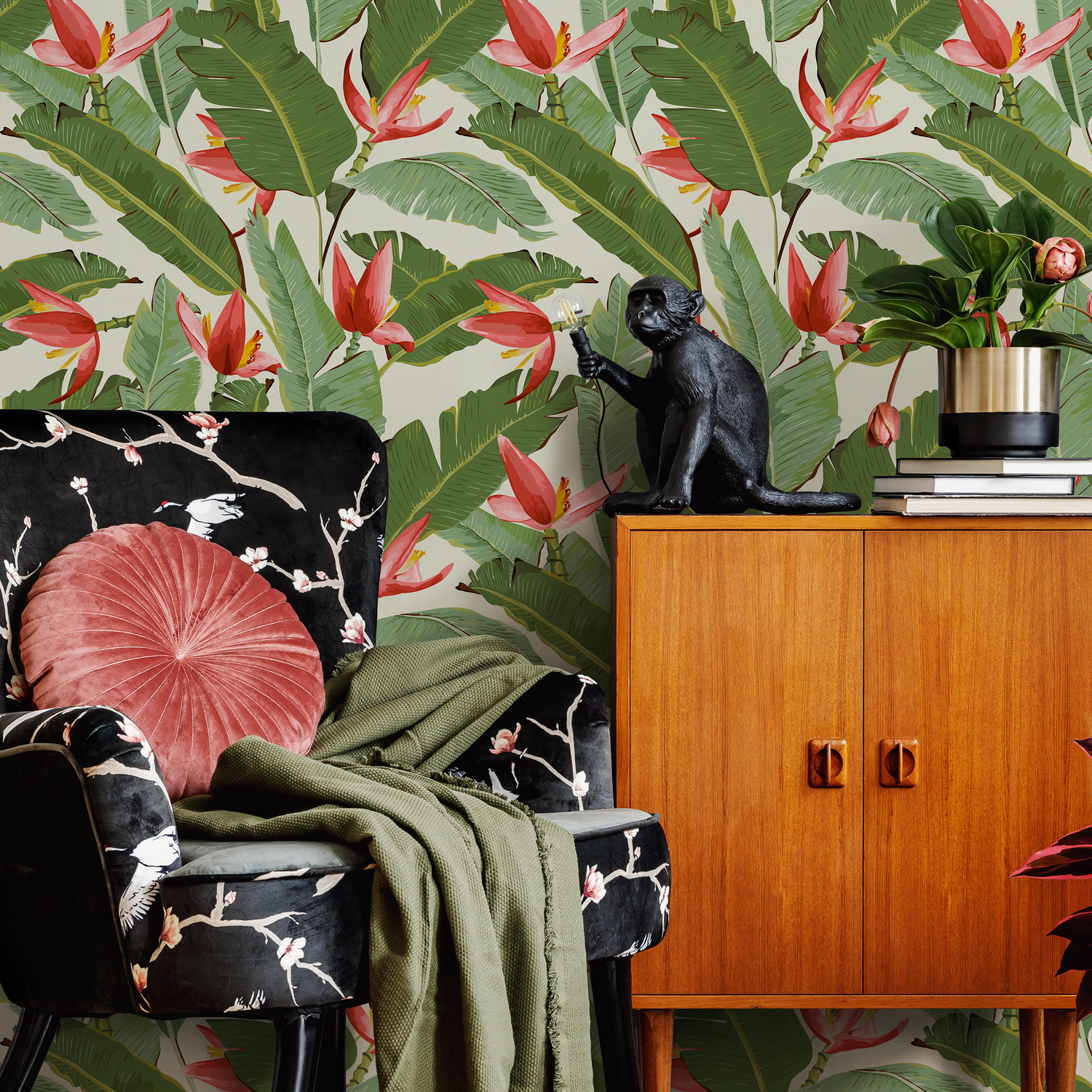 Tropical Wallpaper with Red Heliconia Flowers and Green Leaves - E002