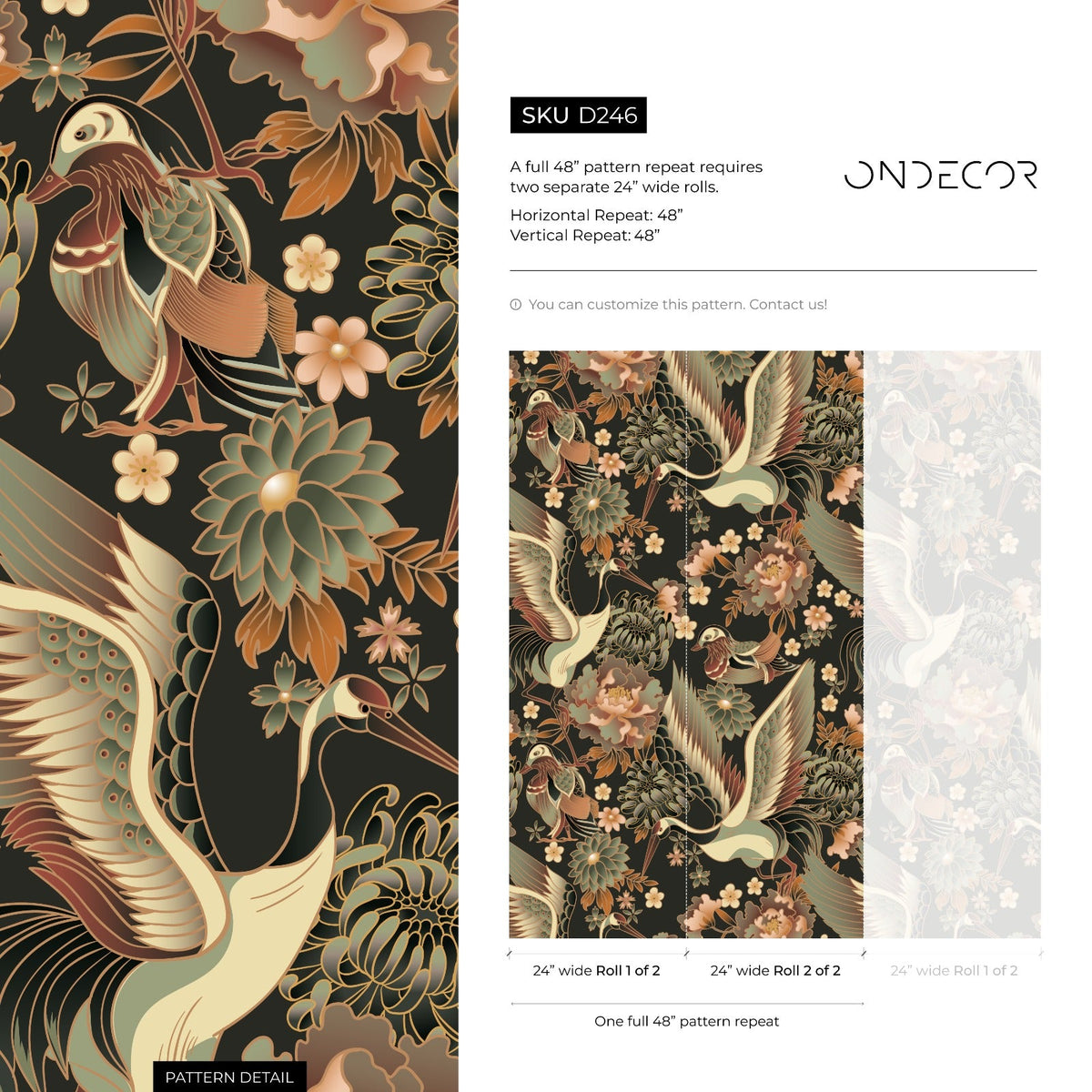 Taupe Chinoiserie Crane Birds Wallpaper / Peel and Stick Wallpaper Removable Wallpaper Home Decor Wall Art Wall Decor Room Decor - D246 - ONDECOR.COM