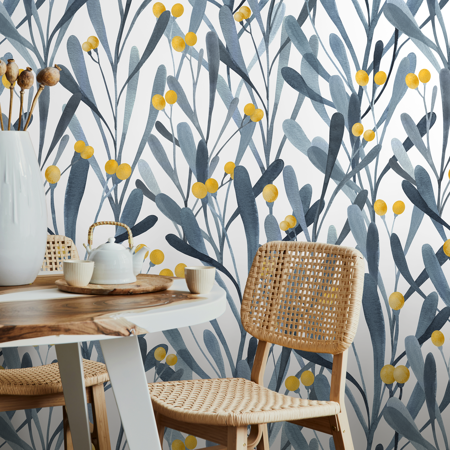 Botanical Wallpaper with Stylized Berries and Leaves in Blue and Yellow - X059