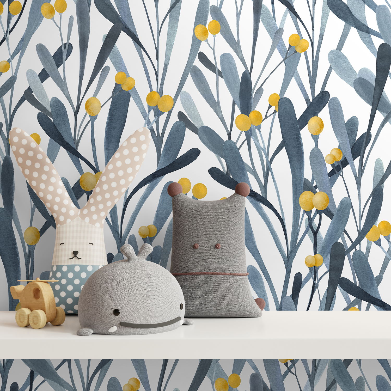 Botanical Wallpaper with Stylized Berries and Leaves in Blue and Yellow - X059