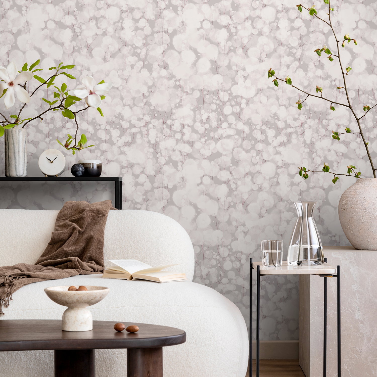 Abstract Wallpaper with Delicate Blooming Branches in Gray and Red - X128