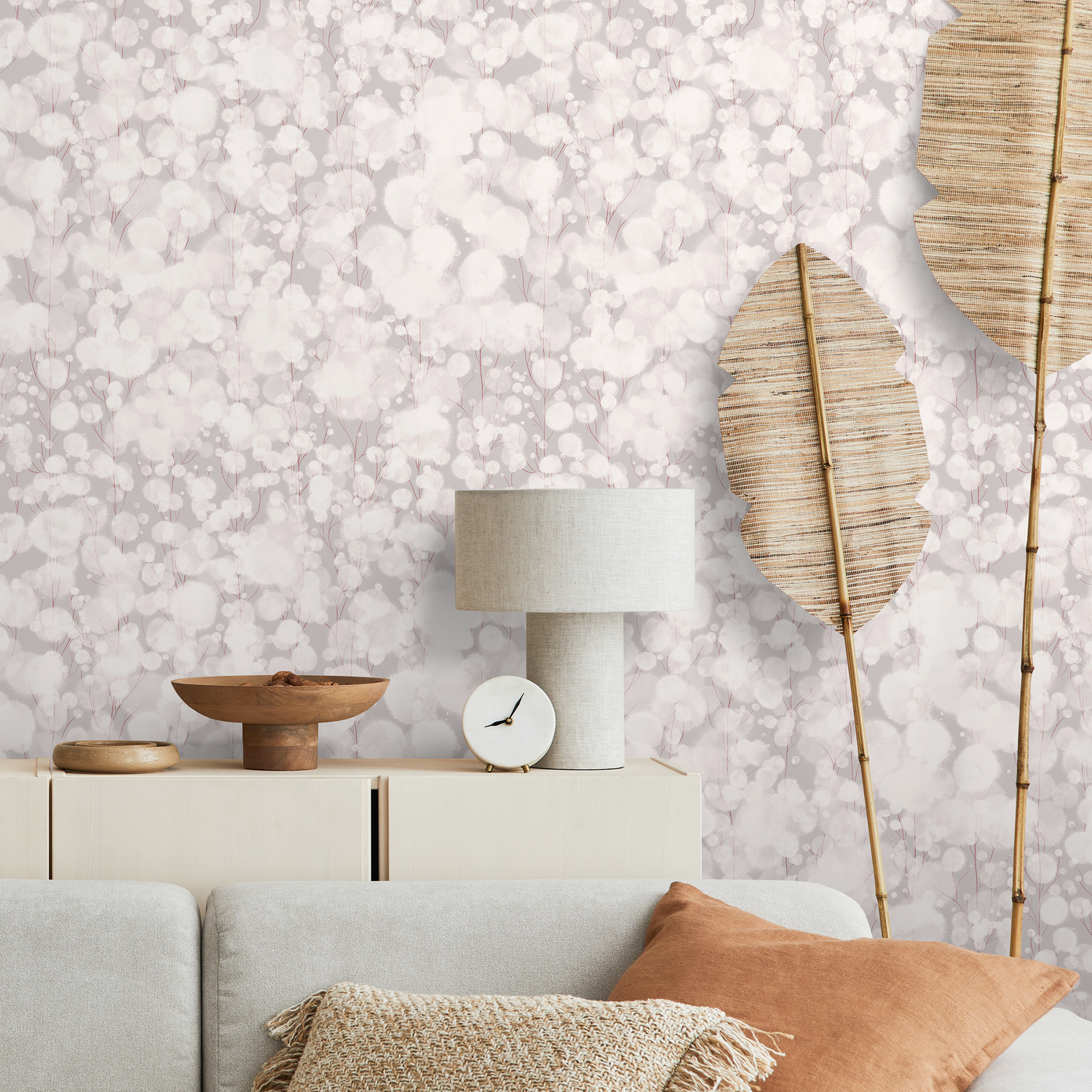 Abstract Wallpaper with Delicate Blooming Branches in Gray and Red - X128
