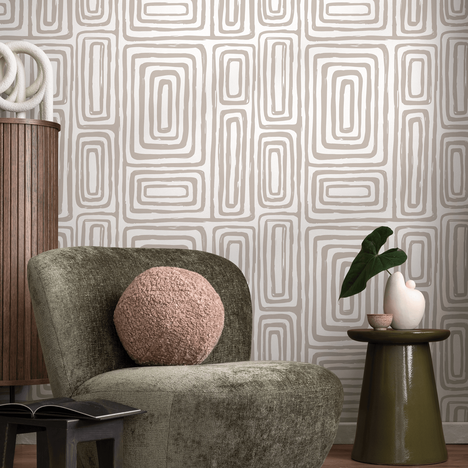 Abstract Wallpaper with a Brushed Labyrinth Motif in Beige and White - ZAAA