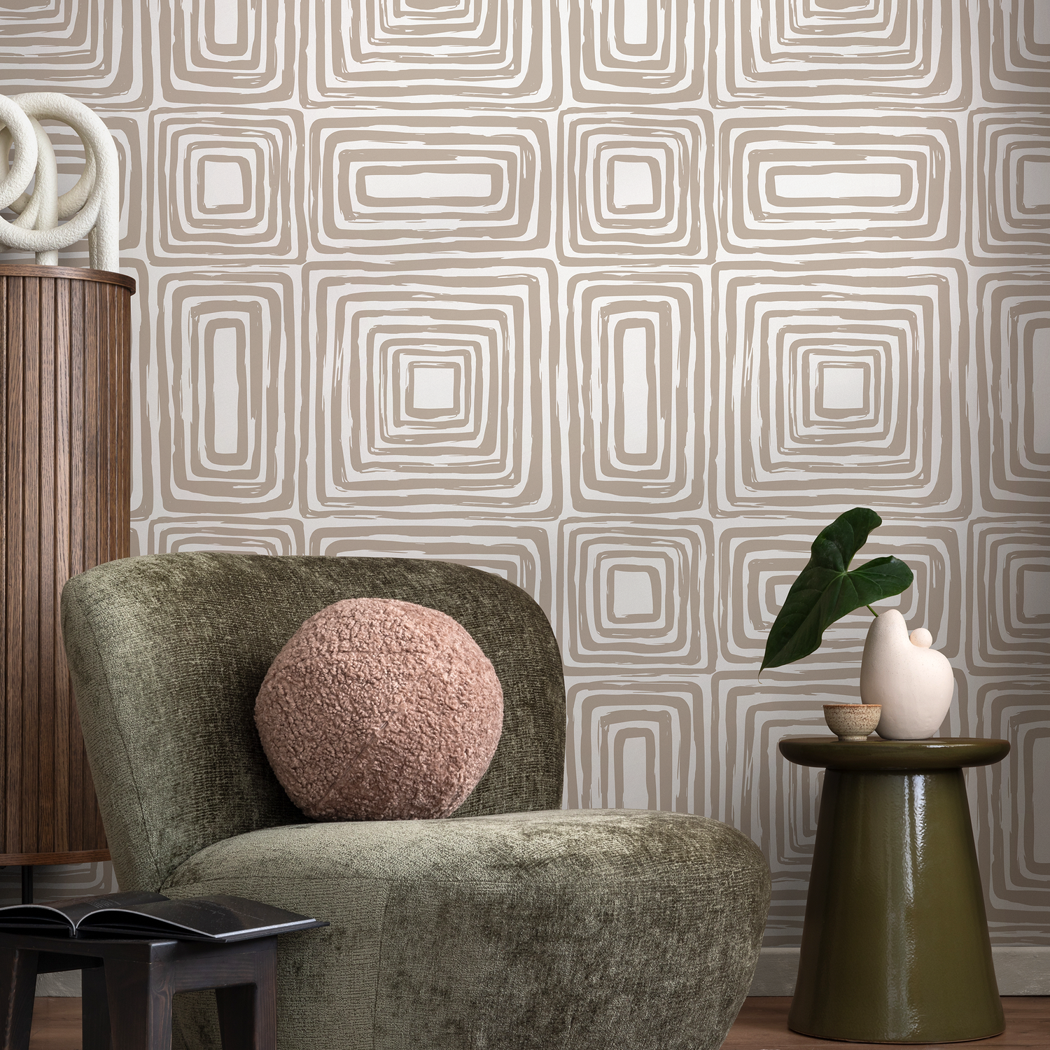 Abstract Wallpaper with a Brushed Labyrinth Motif in Warm Beige and White - ZAAB