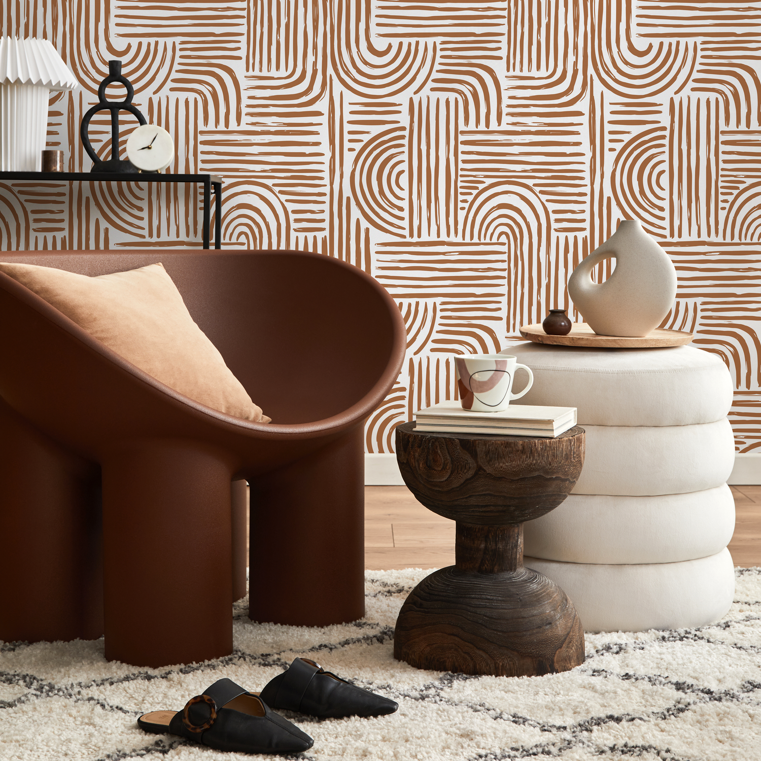 Abstract Wallpaper with Rounded Brush Strokes in Brown - ZAAC