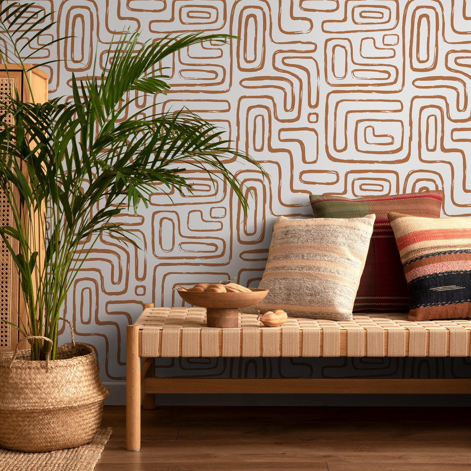 Papel pintado de líneas redondeadas sin costuras, autoadhesivo, extraíble y reposicionable, marrón, minimalista, con pinceladas abstractas claras, estilo bohemio moderno - ZAAE