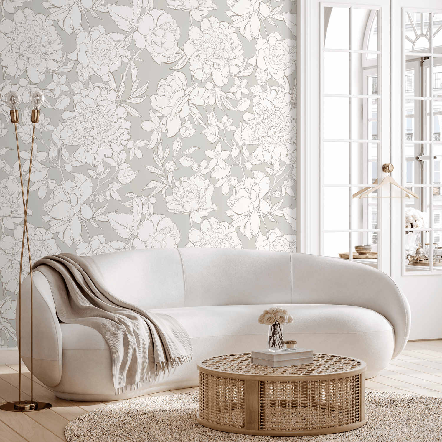 Floral Wallpaper with Peony and Blossom Outlines in Greige and Off-White - ZAAM