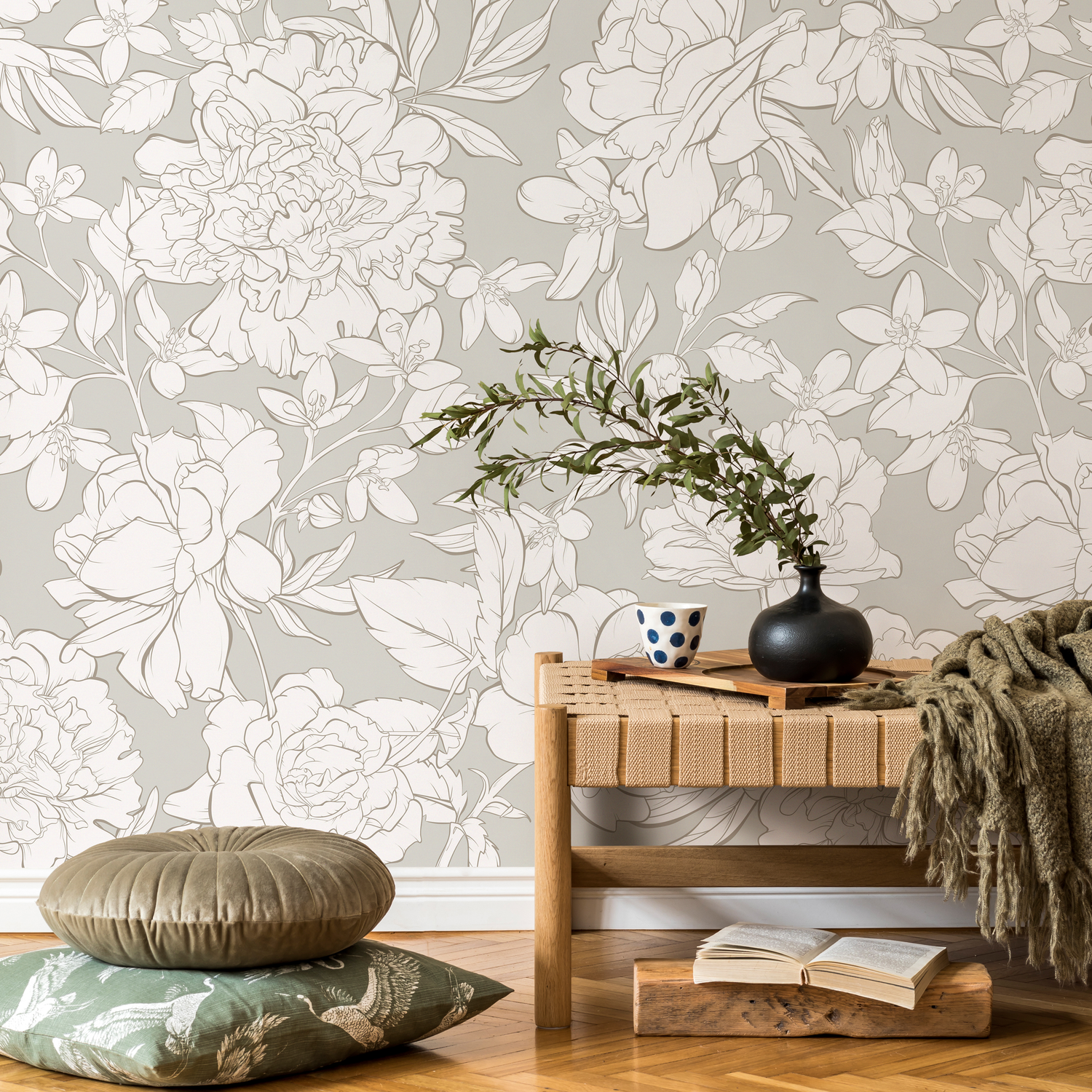 Floral Wallpaper with Peony and Blossom Outlines in Greige and Off-White - ZAAM