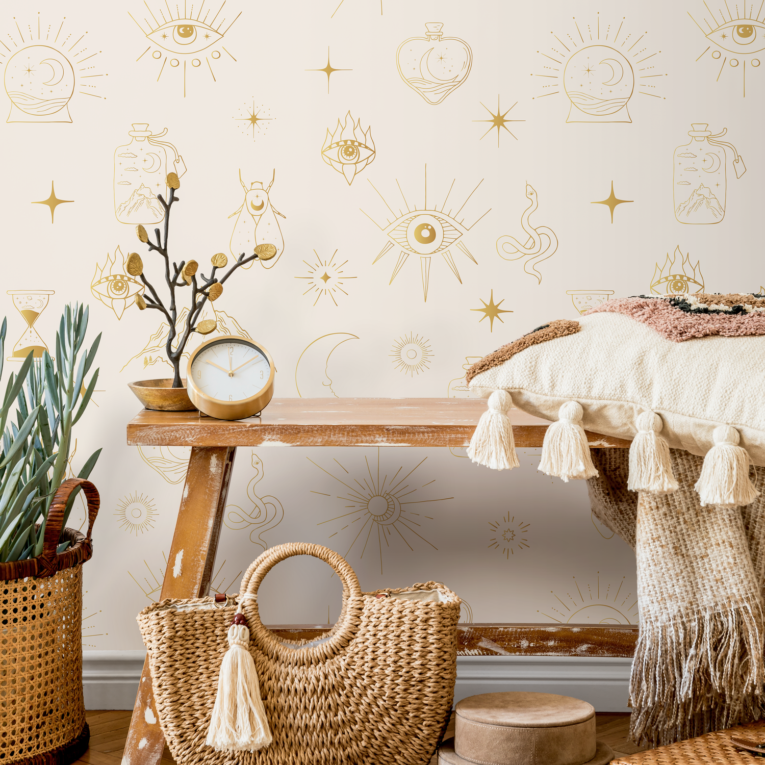 Mystical Wallpaper with Celestial Symbols in Gold - ZAAP