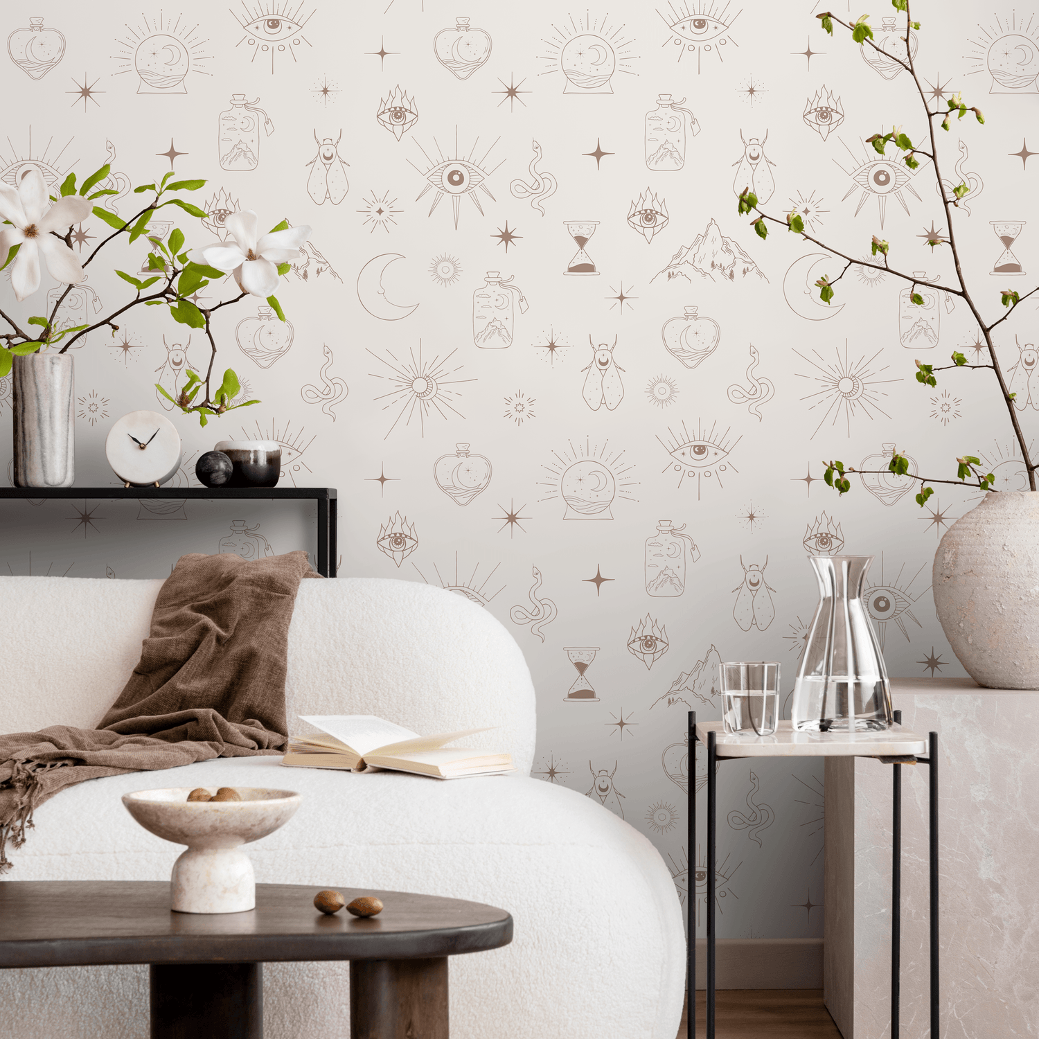 Mystical Wallpaper with Celestial and Esoteric Motifs in Brown - ZAAQ