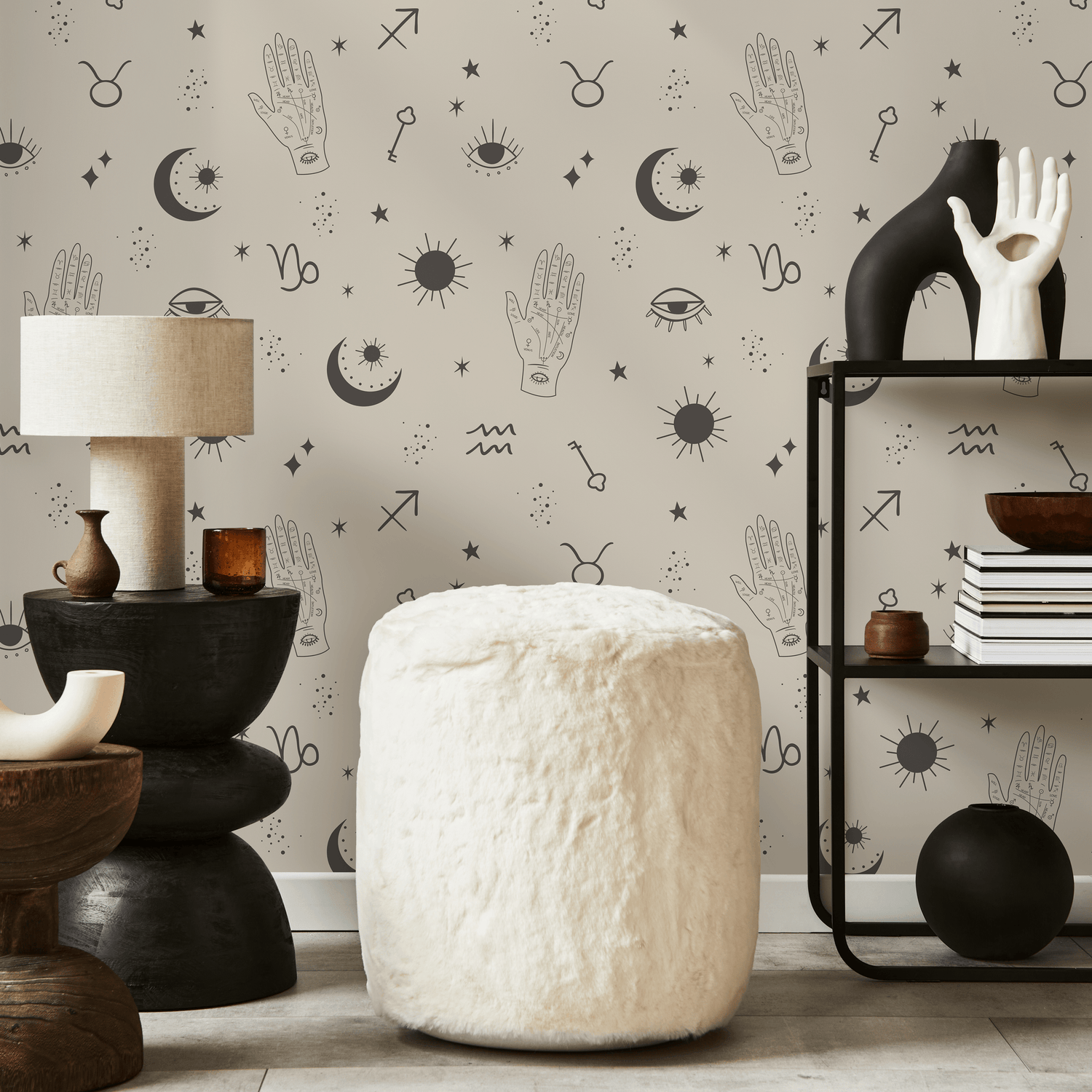 Celestial Wallpaper with Zodiac and Mystical Symbols in Charcoal and Beige - ZAAU