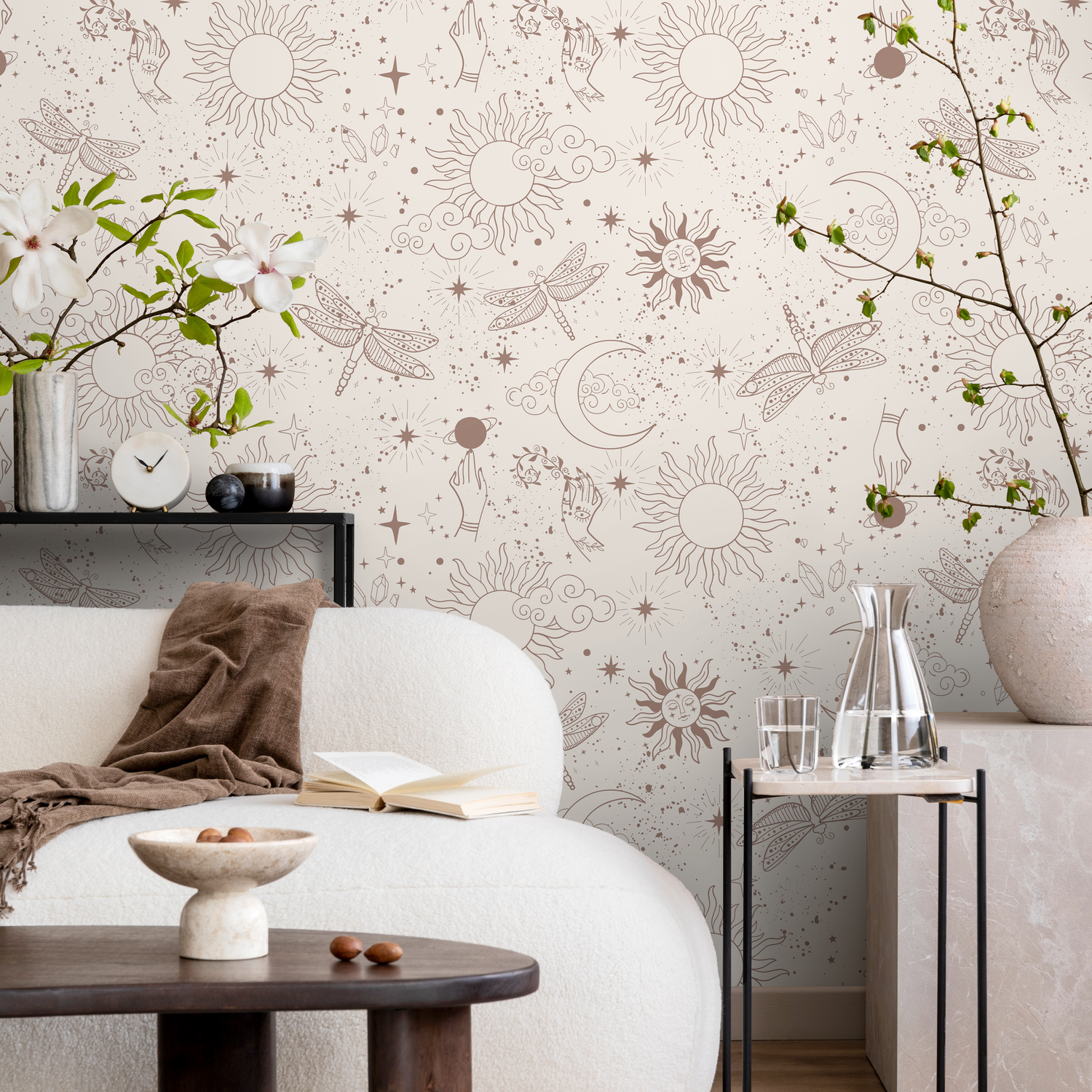 Celestial Wallpaper with Sun, Moon, and Dragonfly Motifs in Mauve - ZAAV