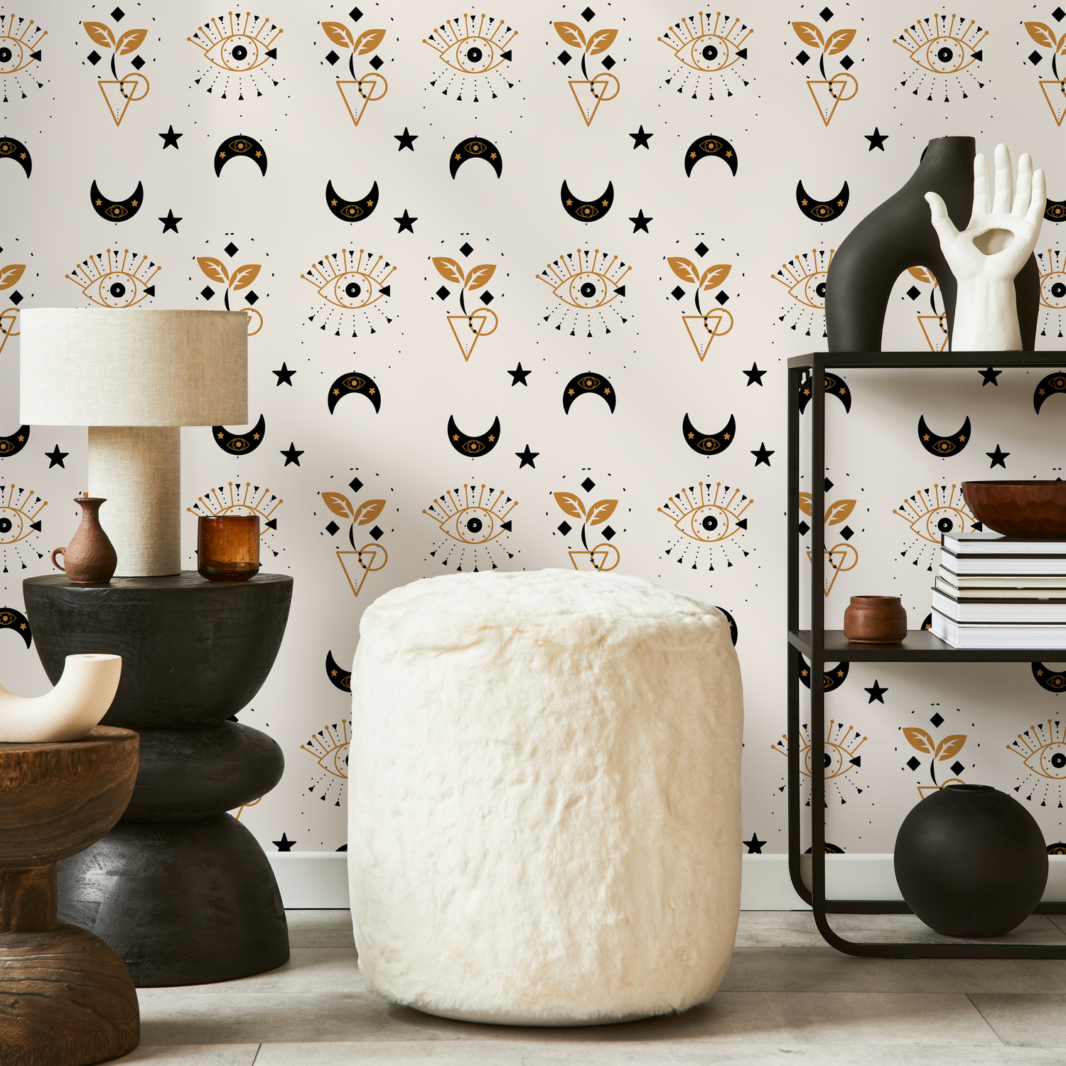 Mystical Wallpaper with Celestial Moons and All-Seeing Eyes in Black and Gold - ZAAY