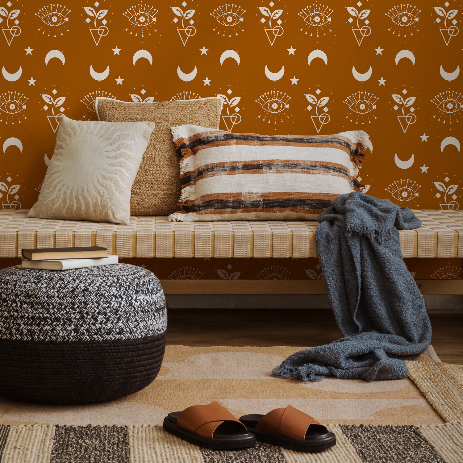 Mystical Wallpaper with Celestial Moons and Eyes in Brown and White - ZAAZ
