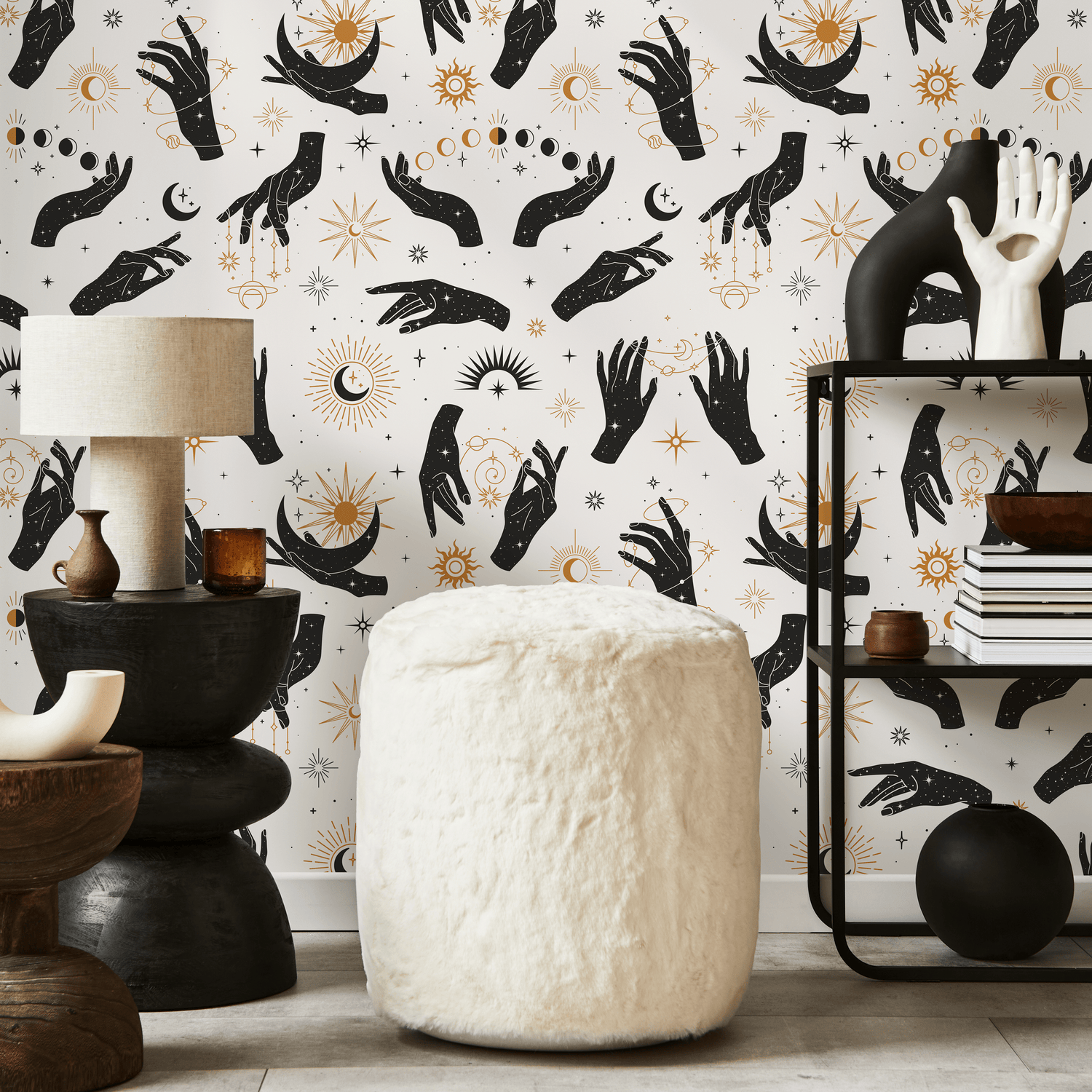 Celestial Wallpaper with Mystical Hands, Suns, and Moons in Black and Gold - ZABF
