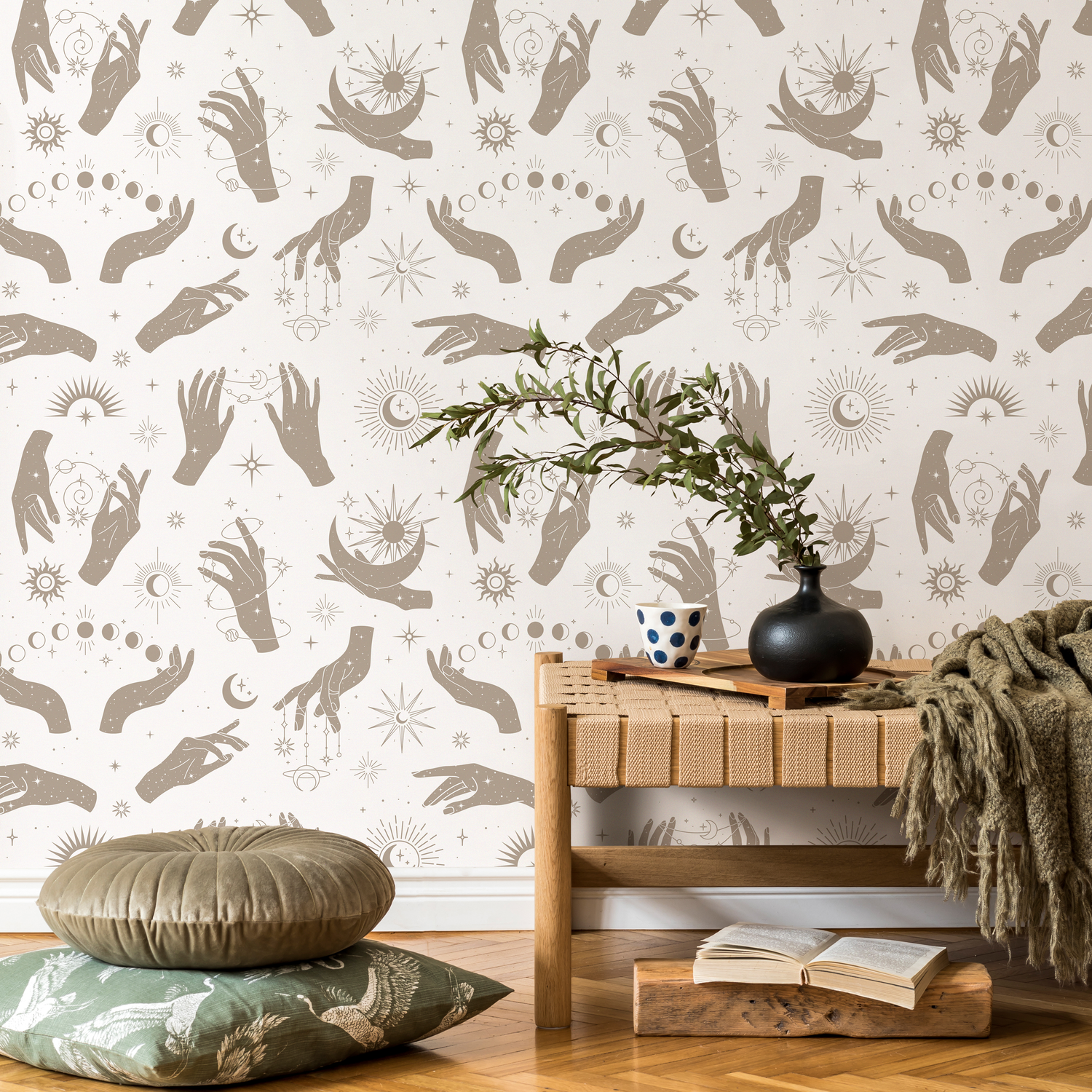 Celestial Wallpaper with Mystical Hand Motifs in Gray and White - ZABG