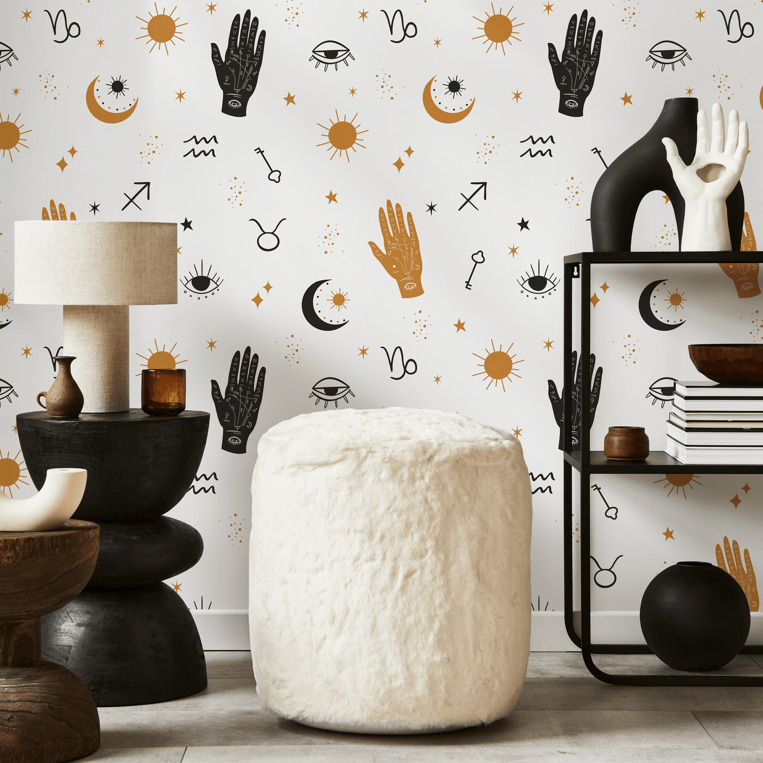 Celestial Wallpaper with Mystical Hands and Stars in Black and Gold - ZABI
