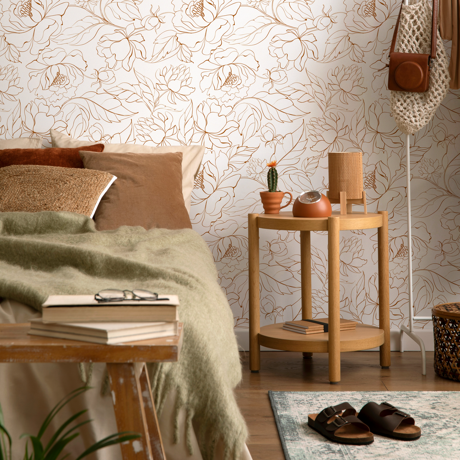 Floral Wallpaper with a Minimalist Peony Line Art Motif in Brown - ZABM