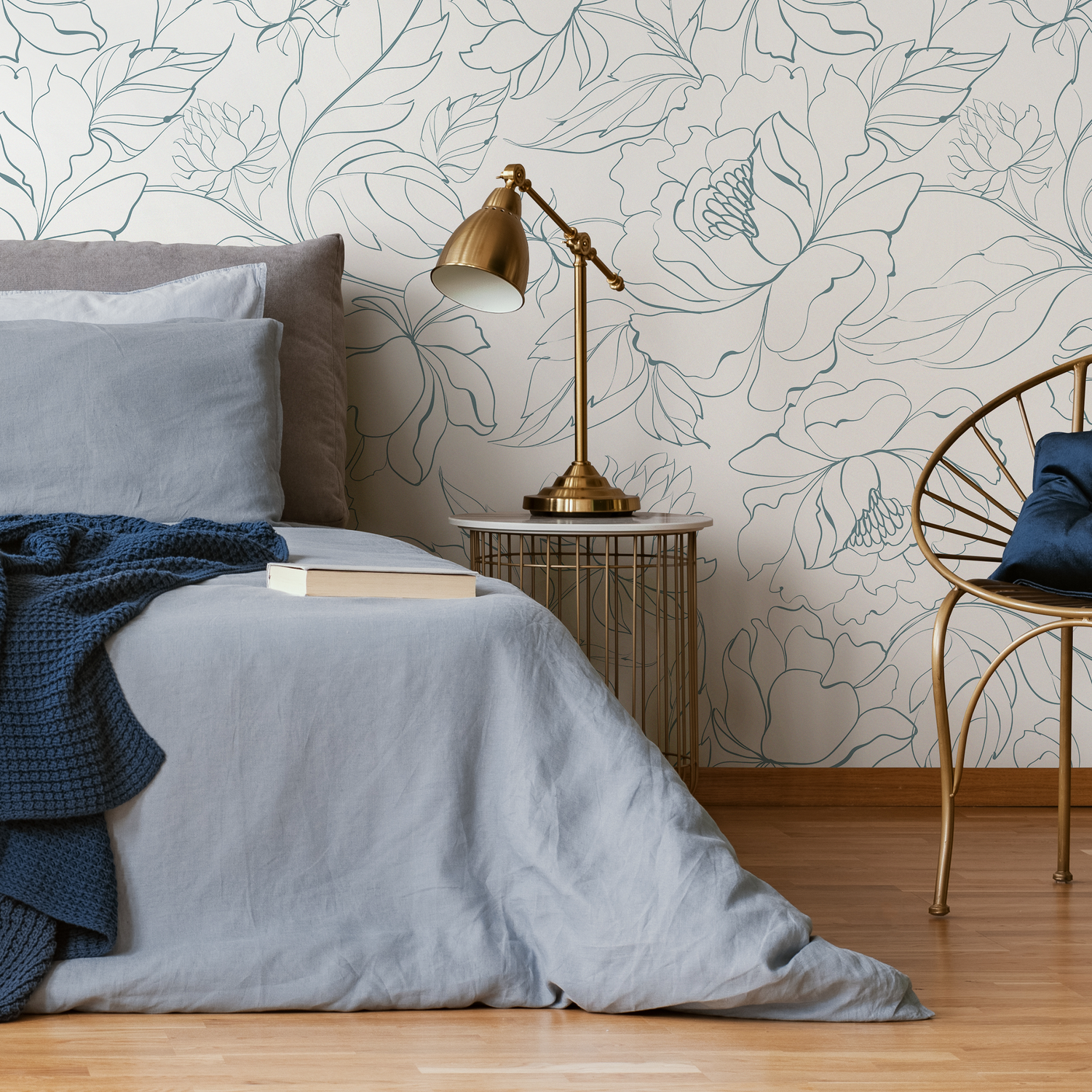 Floral Wallpaper Featuring Minimalist Peony Line Art in Dusty Blue - ZABN