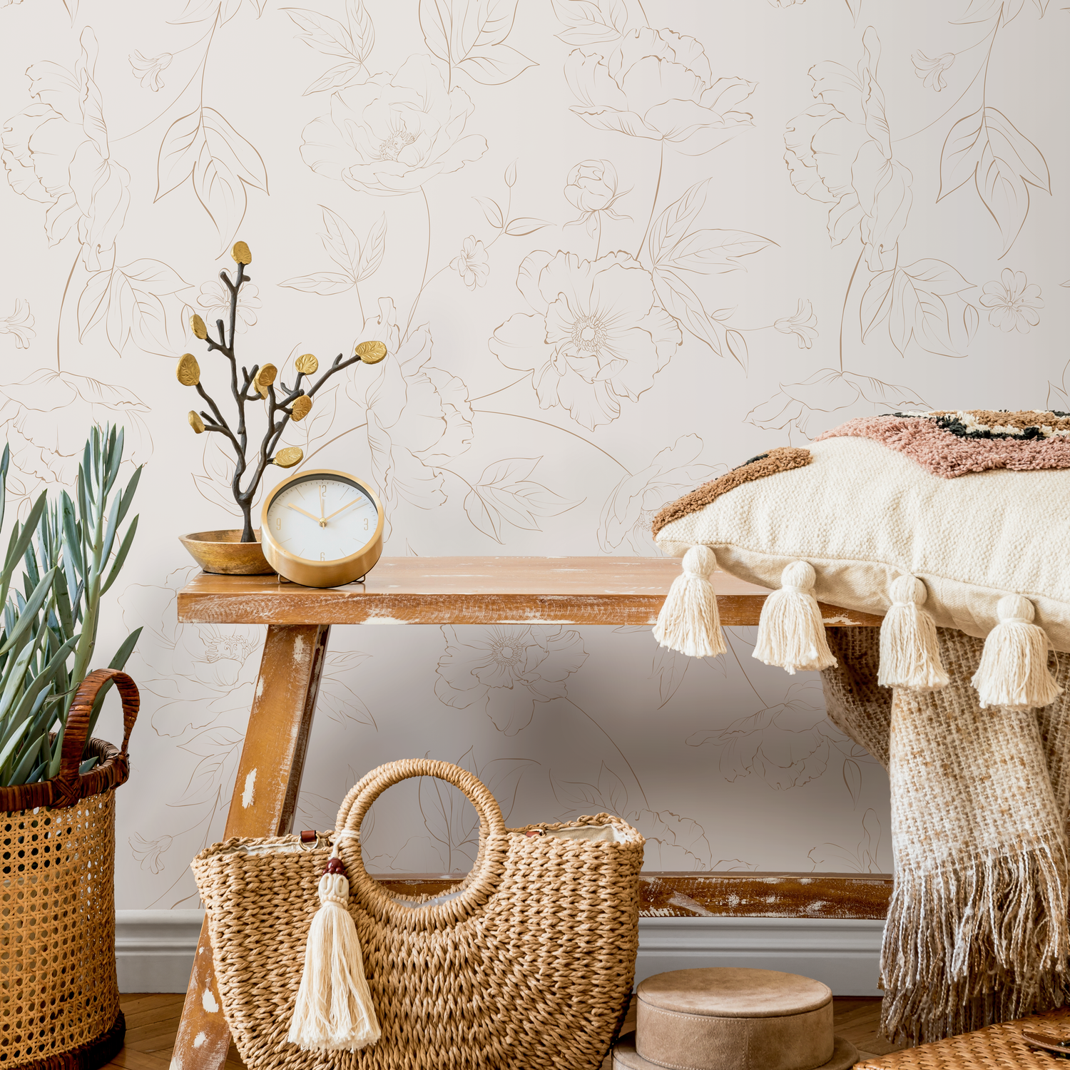 Beige Boho Minimalist Peony Wallpaper Peel and Stick Removable Repositionable Geometric Minimalistic Abstract - ZABP - ONDECOR.COM