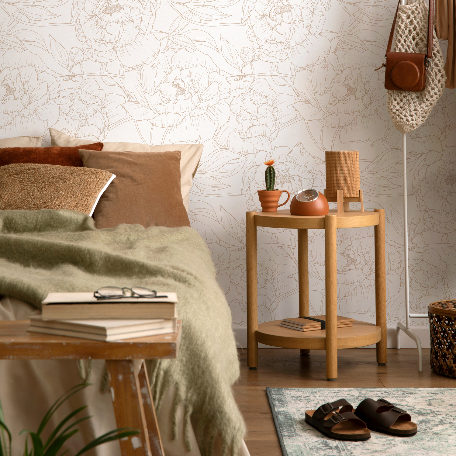 Minimalist Floral Wallpaper with Peony Line Art in Beige - ZABS