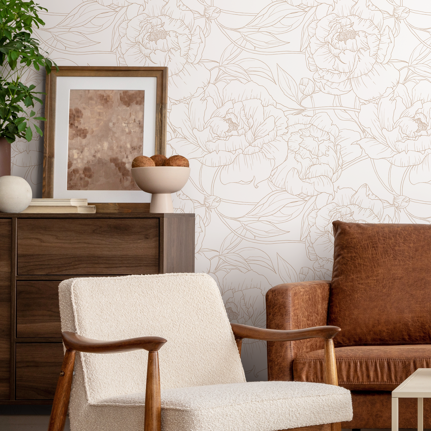 Minimalist Floral Wallpaper with Peony Line Art in Beige - ZABS