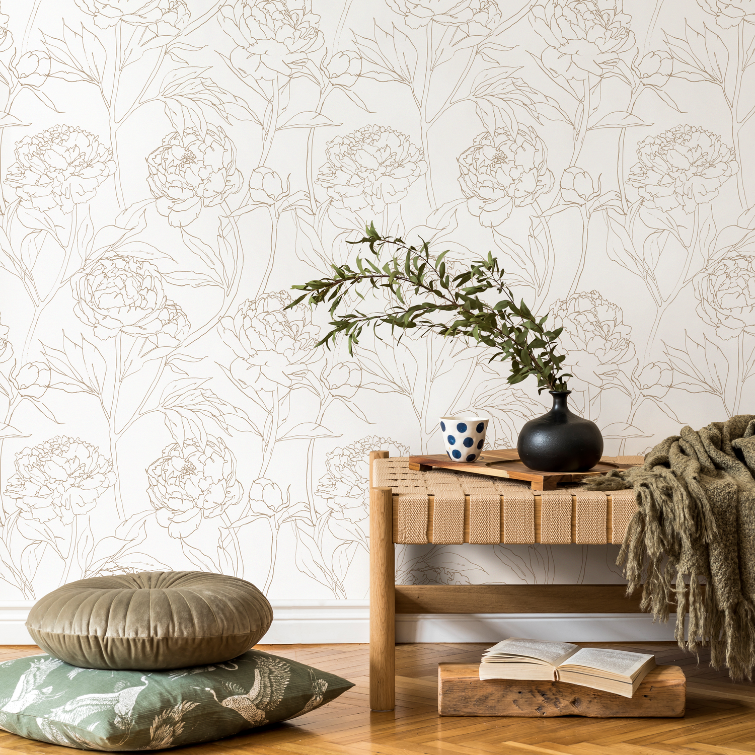 Floral Wallpaper with a Minimalist Peony Motif in Beige - ZABW