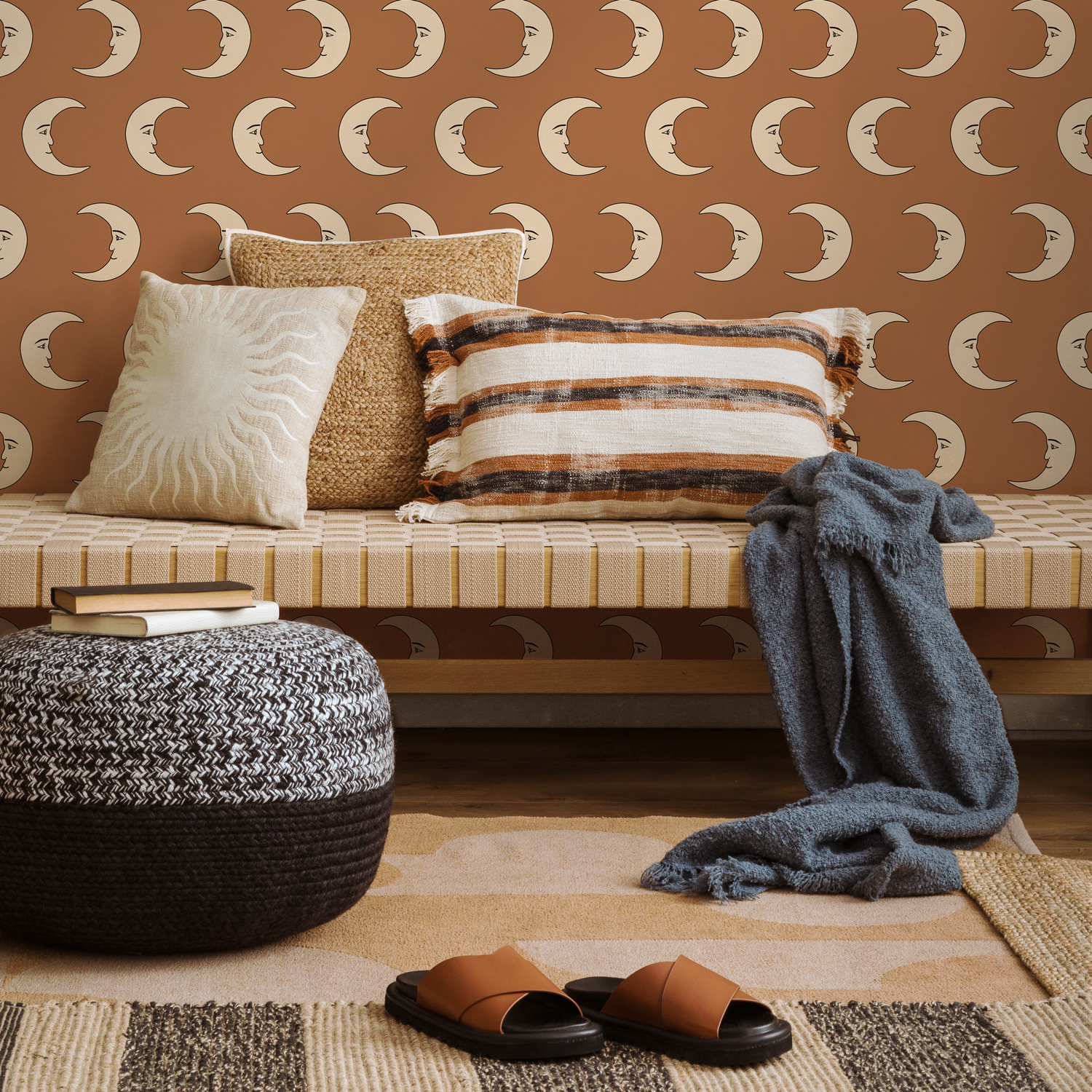 Celestial Wallpaper with a Crescent Moon Face Motif in Terracotta and Beige - ZABZ